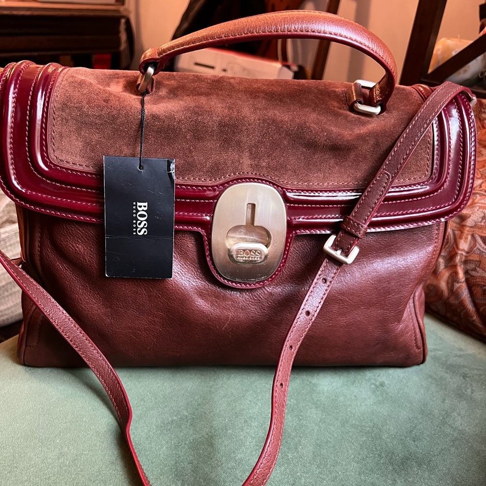 BOSS Hugo Boss Brown and Burgundy Leather Handbag